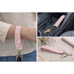 Pink Daisy Floral Fabric Wristlet Keychain Lanyard Wrist Strap Silver Clasp